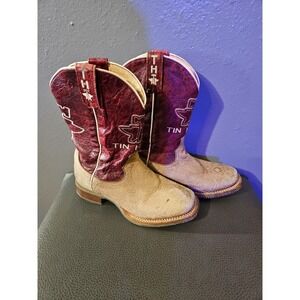 Tin Haul Co Cowboy Boots Youth Size 4 Square Toe Cowgirl Free Spirit Tan/Maroon
